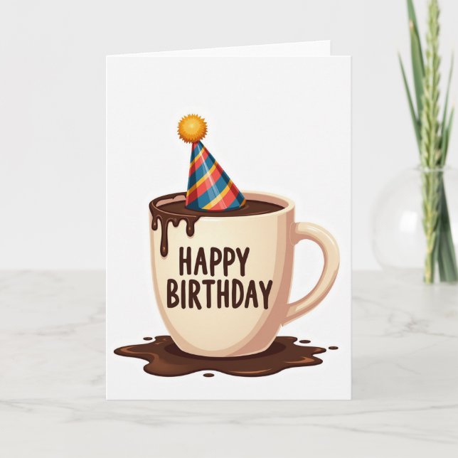 Carte d'anniversaire avec mug chapeau de fête (Devant)