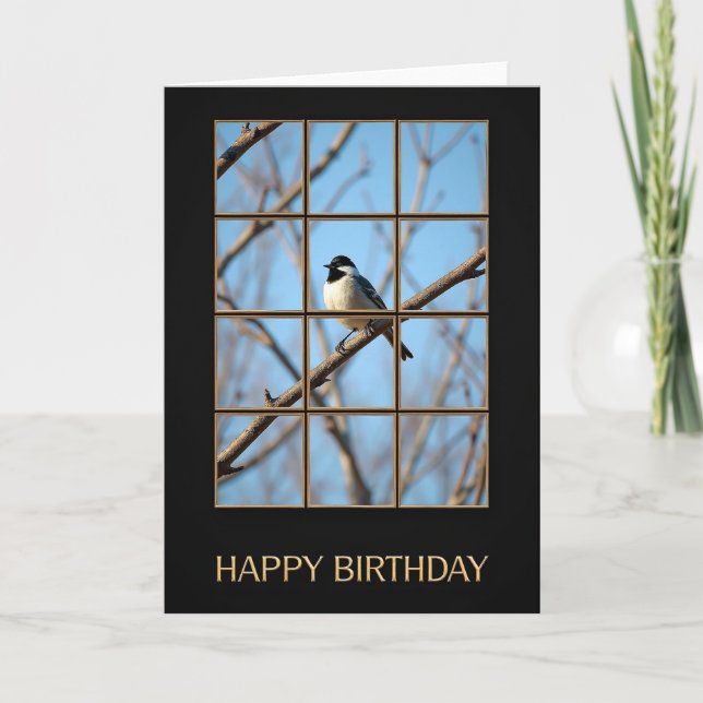 Carte d'anniversaire avec oiseau encadré d'or (Devant)