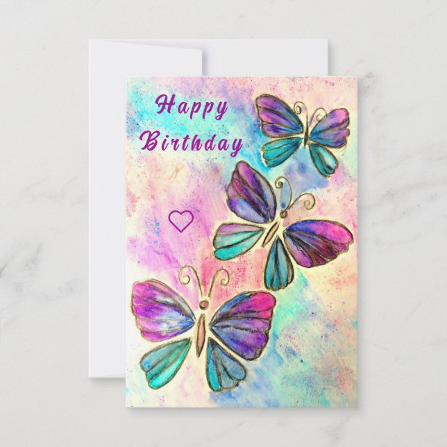 Carte d'anniversaire avec papillons rose pourpre (Devant)