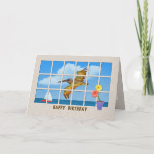 Carte d'anniversaire avec Pélican Brown et Fleurs