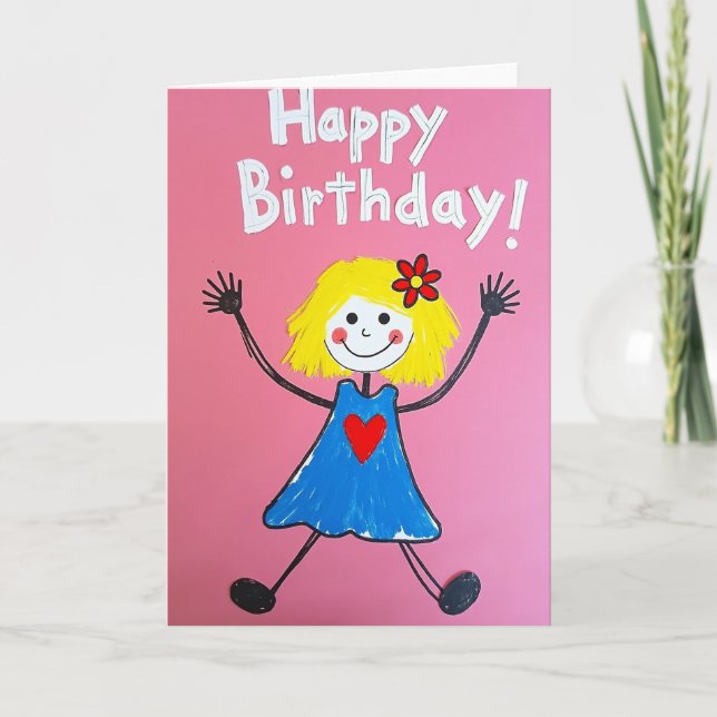 Carte d'anniversaire avec personnage rose joyeux (Devant)