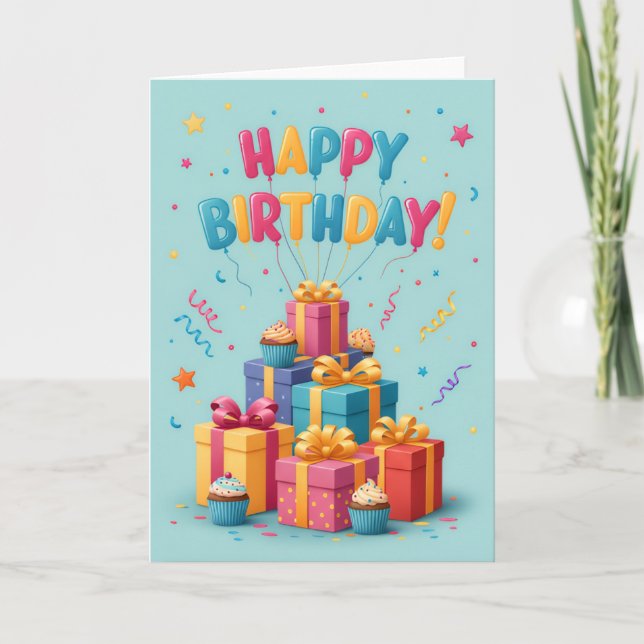 Carte d'anniversaire avec pile de cadeaux colorés  (Devant)