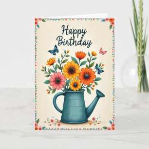 Carte d'anniversaire avec un arrosoir fleuri