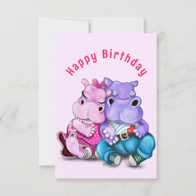 Carte d'anniversaire avec un couple d'hippo Amour  (Devant)