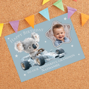 Carte d'anniversaire avec un koala et une voiture