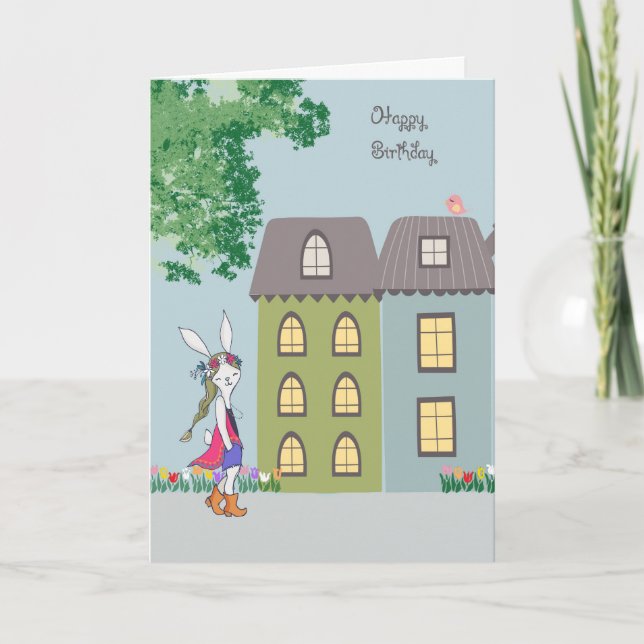 Carte d'anniversaire avec un mignon lapin bohème (Devant)