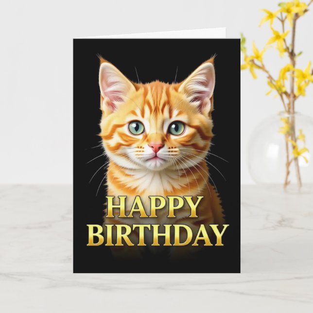 CARTE D'ANNIVERSAIRE AVEC UN PETIT CHAT ROUX EN GR (Fleur jaune)