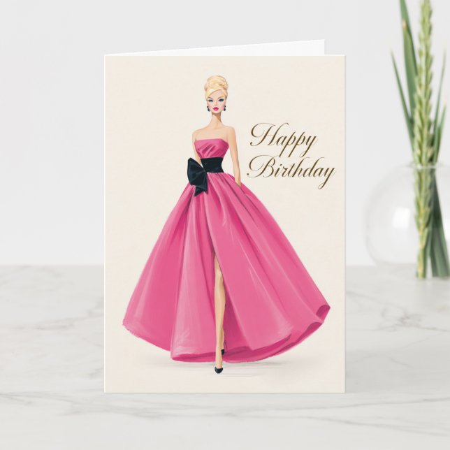 Carte d'anniversaire avec une robe rose glamour po (Devant)