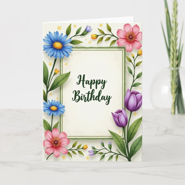 Carte d'anniversaire Azurée Fleurie (Devant)