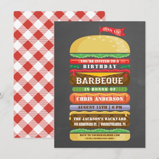 Carte d'anniversaire BBQ avec hamburger empilé sur (Devant / Derrière)