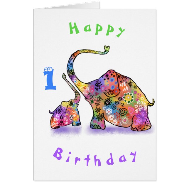 Carte d'anniversaire bébé mère et bébé éléphant (Devant)