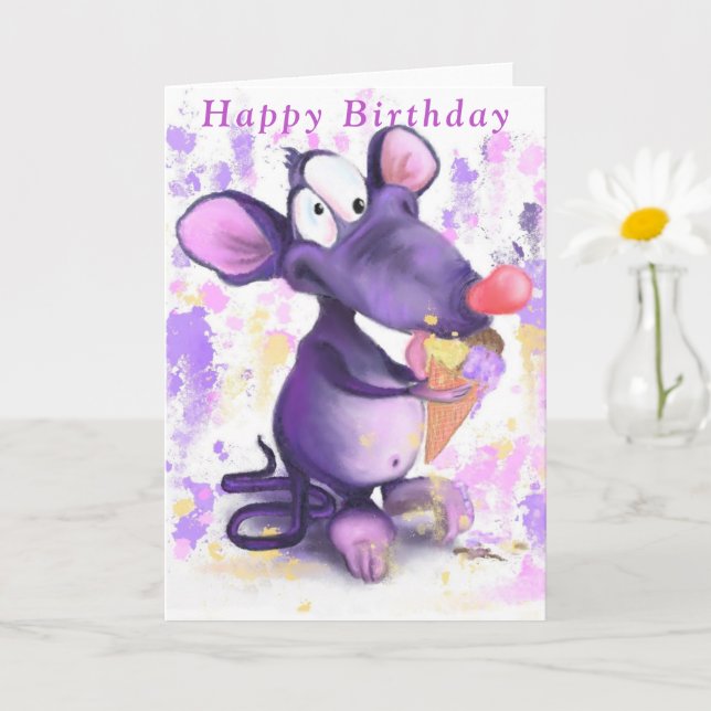 Carte d'anniversaire bébé Souris pourpre avec crèm (Petite plante)