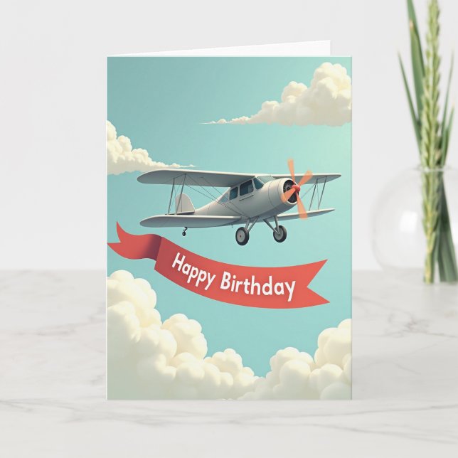 Carte d'anniversaire biplan dans le ciel (Devant)