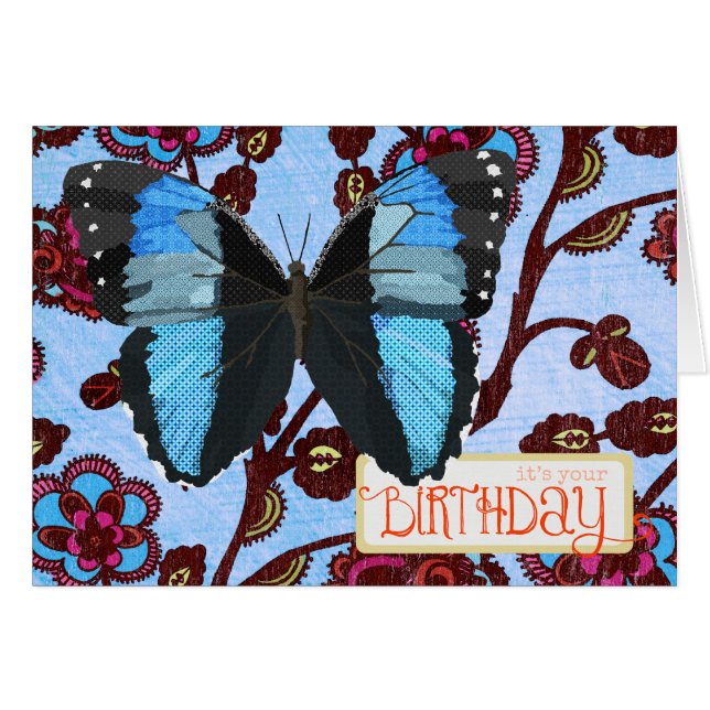 Carte d'anniversaire bleue de papillon (Devant horizontal)