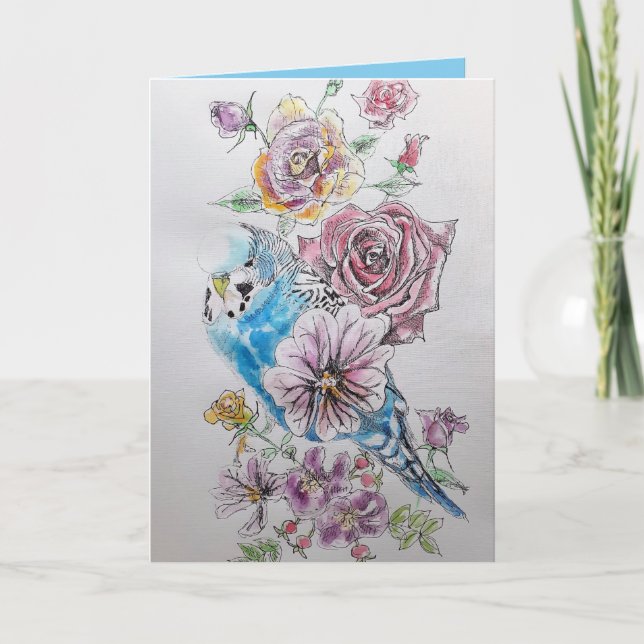 Carte d'anniversaire Blue Budgie Bird Rose Waterco (Devant)