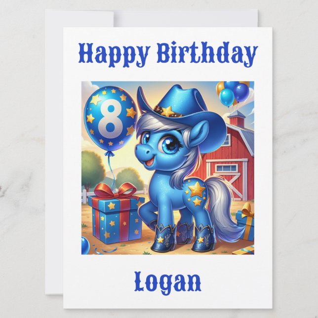 Carte d'anniversaire Blue Cowboy Pony 8 ans (Devant)