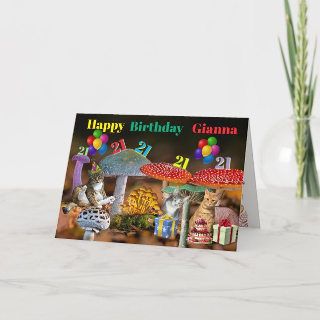 Carte d'anniversaire Champignon et Chats (Devant)