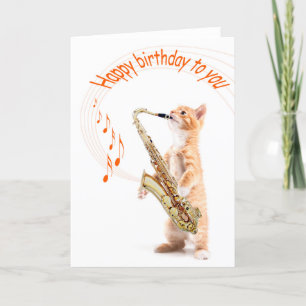 Carte d'anniversaire chat avec saxophone