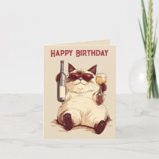 Carte d'anniversaire Chat et Bouteille de Vin