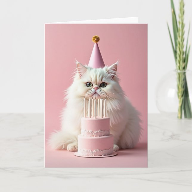 Carte d'anniversaire Chat Fluffy Chapeau Rose (Devant)