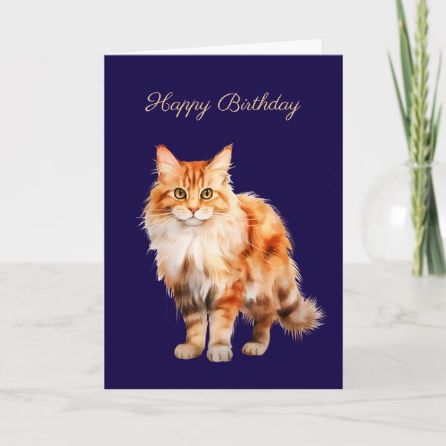 Carte d'anniversaire chat roux et duveteux #1 (Devant)