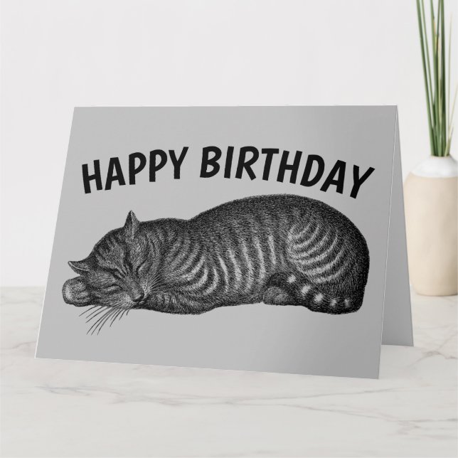 CARTE D'ANNIVERSAIRE CHAT TIGRÉ, MANGER DU GÂTEAU, (Devant)
