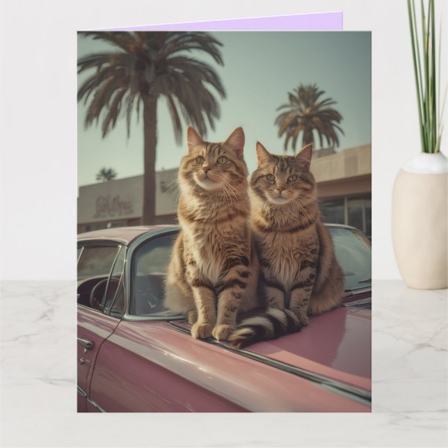 Carte d'anniversaire chat tigré & voiture rose cla (Devant)