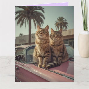 Carte d'anniversaire chat tigré & voiture rose cla