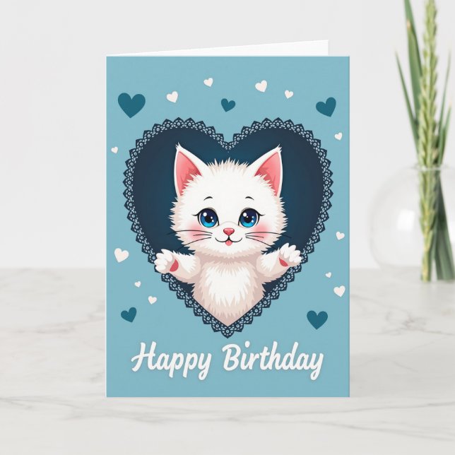 Carte d'anniversaire Chaton Cœur Bleu (Devant)