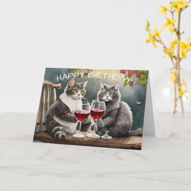 Carte d'anniversaire Chats buvant du vin ! (Fleur jaune)