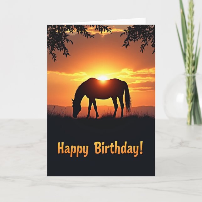 Carte d'anniversaire Cheval Coucher de soleil doré (Devant)