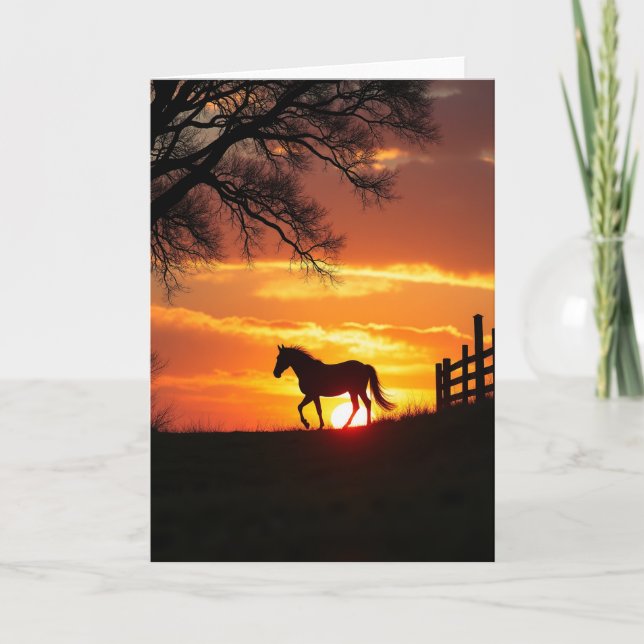 Carte d'anniversaire Cheval Coucher de soleil doré (Devant)