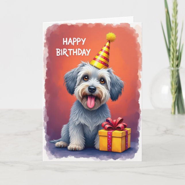Carte d'anniversaire Chien au Chapeau Rayé (Devant)