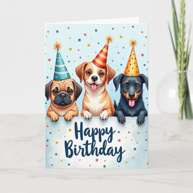 Carte d'anniversaire Chiens au chapeau de fête (Devant)