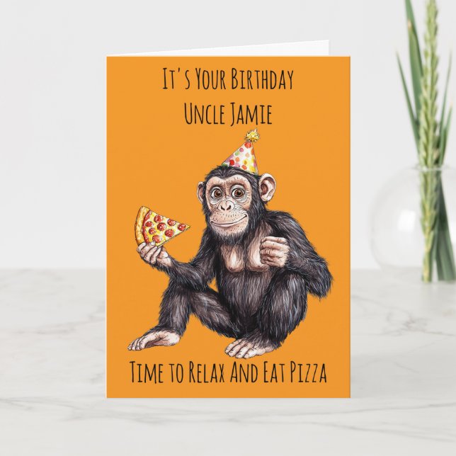 Carte d'anniversaire Chimpanzé mangeant une pizza (Devant)