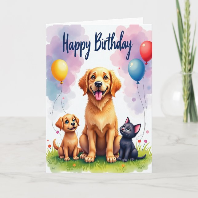 Carte d'anniversaire Chiot et Chat (Devant)