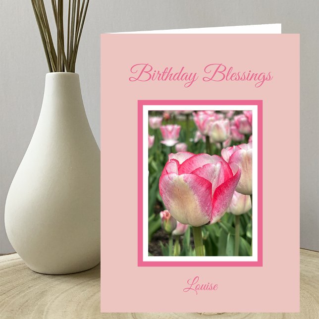 Carte d'anniversaire chrétienne aux tulipes roses (Créateur téléchargé)