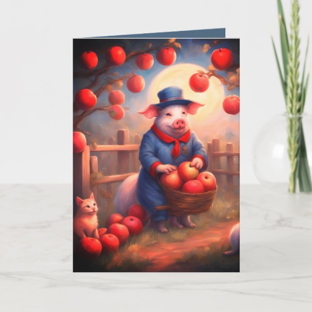 Carte d'anniversaire Cochon et Chaton cueilleur de (Devant)