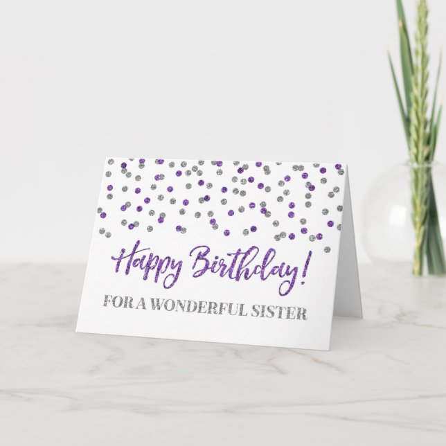 Carte d'anniversaire Confetti Soeur en Argent Viol (Devant)