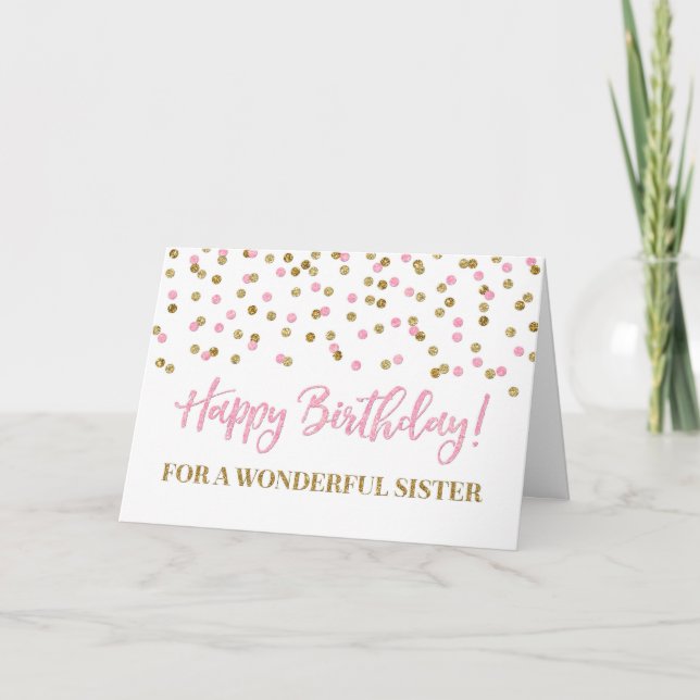 Carte d'anniversaire Confetti Soeur en or rose (Devant)