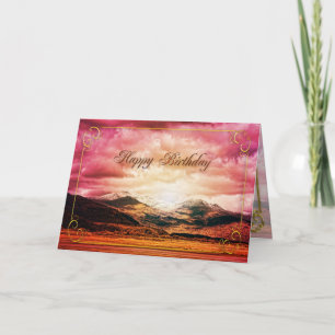 Carte d'anniversaire, coucher de soleil sur les mo