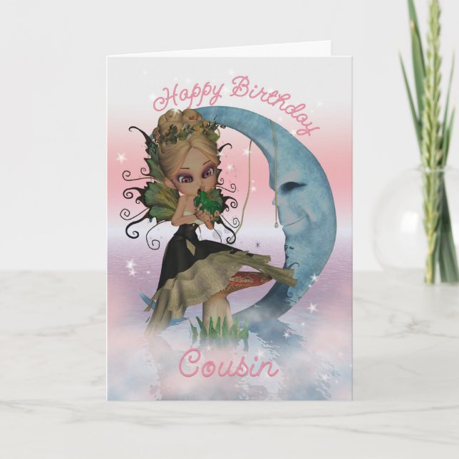 Carte d'anniversaire Cousin avec lune mignonne fée (Devant)