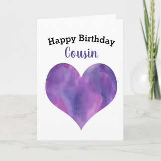 Carte d'anniversaire Cousine Purple Heart Aquarell