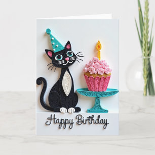 Carte d'anniversaire Cupcake Chat Quillé