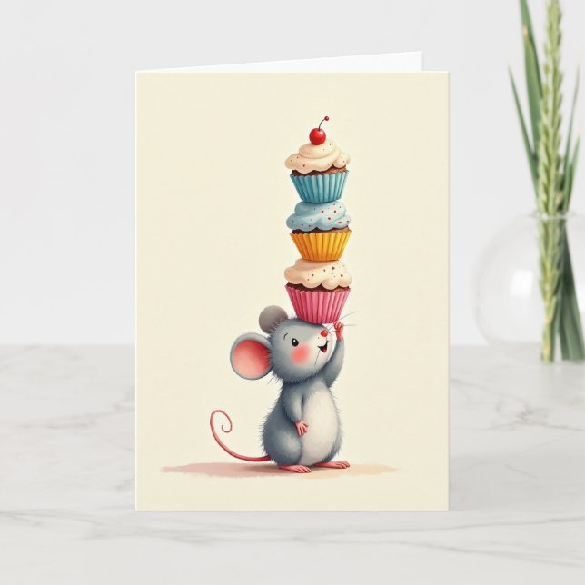 Carte d'anniversaire Cupcake Joyeuse Souris (Devant)