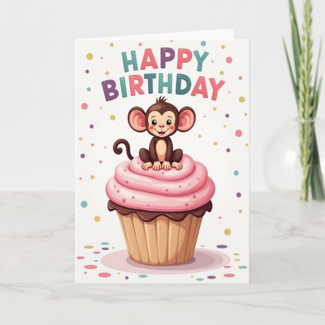 Carte d'anniversaire Cupcake Singe Enjoué (Devant)
