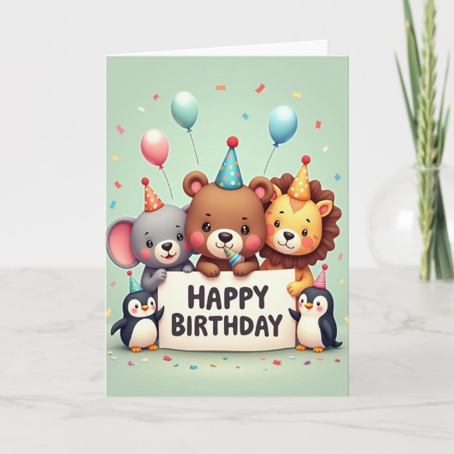 Carte d'anniversaire d'amis animaux joyeux (Devant)