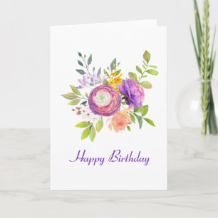 Carte d'anniversaire d'aquarelle florale pourpre