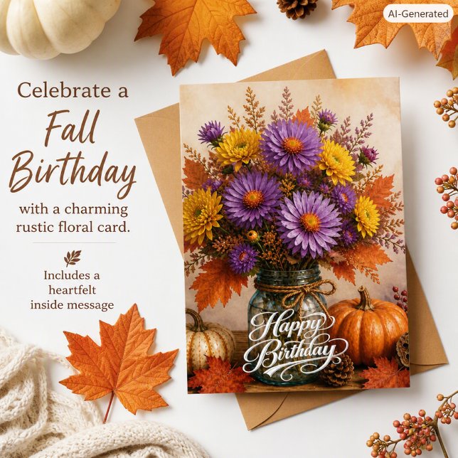 Carte d'anniversaire d'automne rustique Fleurs Flo (Créateur téléchargé)