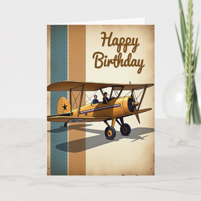Carte d'anniversaire d'avion biplan rétro (Devant)